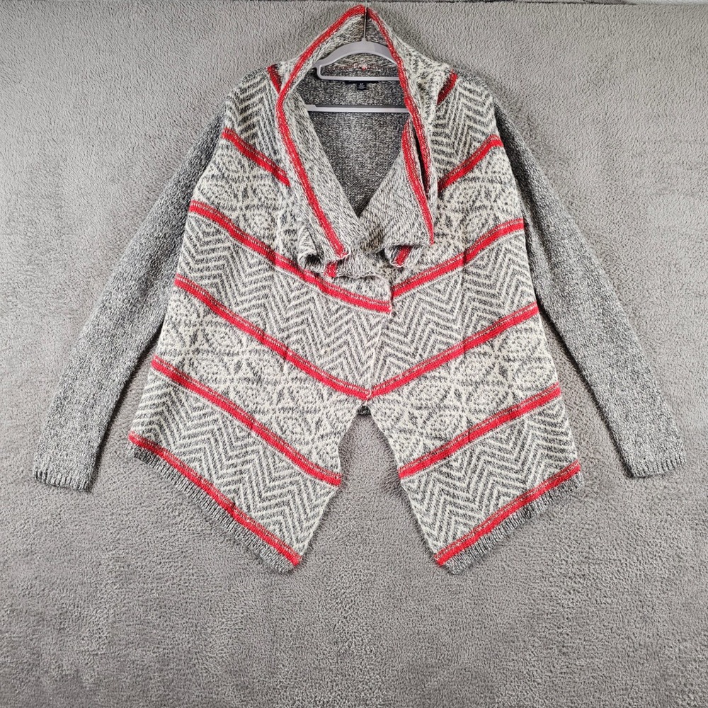 American Eagle Grey Red Geometric Chevron Open Front Waterfall Cardigan Small